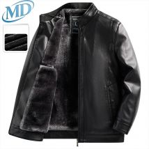 Verdickte Fleece-gefütterte Stehkragen Herren-Lederjacke Winter warmer Mantel für Papa und Opa PU-Leder City Style Casual Outwe
