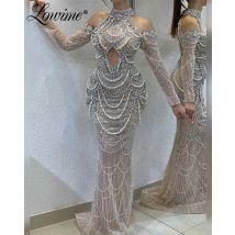 Wunderschöne Party kleid Promi Kleider sexy lange Ärmel Perlen Perlen Meerjungfrau Frauen Abendkleider Ballkleider angepasst