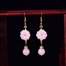 Pink Jade Flower Earrings Fashion Lucky Chinese Charm Jewelry Natural Carved Gemstones Gift Women Vintage Stone Luxury