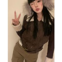 Herbst Khaki Vintage Jacke Mantel Frauen Revers Lamm Trend High Street Warme Mantel Weibliche 2024 Neue Stil Chic Dünne Kurze retro Mantel