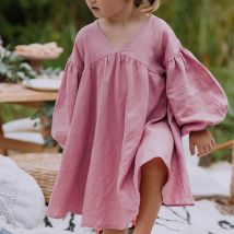 Girls Sweet Bubble Sleeve Linen Dress 2026 Spring New Baby Girl Retro Cotton Linen V-Neck Loose Princess Dresses Kids Clothes