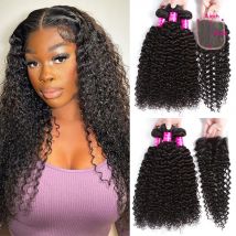 Fasci di capelli umani ricci crespi con chiusura 4x4 Fasci di capelli ricci Fasci di capelli umani e chiusura completa e morbida Consegna in 3-7 giorni