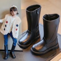 Girls Long Boots Black PU Leather Kids High Boots 2025 Autumn Winter Fashion Warm Fur Children Motorcycle Boots Simple Classic