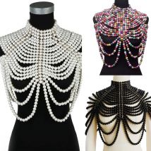 Womens Multi Layered Imitation Pearl Necklace Statement Adjustable Size Shoulder Chain Tops Sexy Bikini Body Jewelry