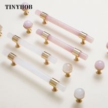 Natural Marble/Pink Crystal + Brass T Bar Cabinet Handle and Knobs Kitchen Cupboard Door Pulls Furniture Handle Dresser Hardware