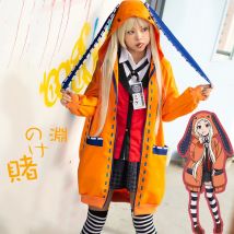 Yomoduki Runa Cosplay Kostüm Kakegurui Compulsive Gambler Runa Cosplay Perücke und orange Kapuzenjacke JK Uniformen mit Perücken 2021