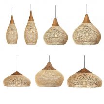 Lampa wisząca rattanowa beżowa vintage, tkana lampa sufitowa z wikliny, żyrandol E27 LED do jadalni, salonu, nad stół do jadalni.