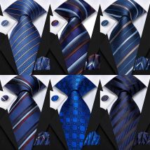 Hi-Tie gestreift kariert Marineblau Mode Herren elegante Krawatte Taschentuch Manschettenknöpfe Set Hochzeit Party Zubehör Geschenk für Männer Gravat