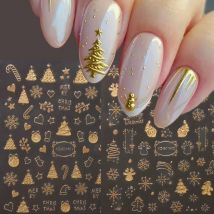 2 szt. Złote naklejki na paznokcie 3D świąteczne, błyszczące płatki śniegu, choinka świąteczna, kula śnieżna, naklejki na paznokcie świąteczne