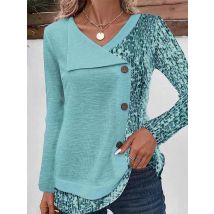 Asymmetric Printed Button Up Shirt Women's Round Neck Long Sleeved Top Party Solid Color Spring Autumn Clothing