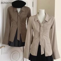 Retro Shirts Frauen Alle-spiel Herbst Winter Kleidung Innen Gestreiften Design drehen-unten Kragen Mode Langarm Einreiher