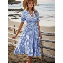 Böhmen Quaste Gestreiften Rüschen Sommer Kleid Frauen Elegante V-ausschnitt Laterne Hülse Midi Kleid Weibliche Urlaub Sommerkleid 2023 Neue