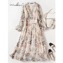 Winsleter-Damenkleid aus 100% Echtseide, Elegantes V-Ausschnitt Langarm-Kleid mit Druck, Strand- und Urlaubskleider, Frühling/Sommer 2025 D51543CC