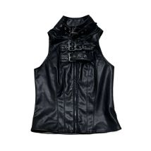 Punk Street Style Spice Girl Turtleneck Metal Buckle Pu Leather Vest Slim Fit Sexy Short Sleeveless Top