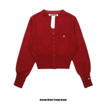 American Christmas Red Knitted Short Cardigan Outerwear for Spicy Girls New Year Knitted Sweater Jacket Loose Fit V-Neck Long...