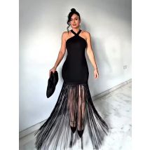 HH 2026 Summer Women's Fashion and Sexy Dress Black chiffon cross neck off the shoulder sleeveless halter dress for women sexy