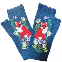Mode Damen Herbst gestrickte handgemachte Stickerei Handschuhe bestickt Fuchs Blumen mittlere lange halbe Finger warme Wolle Winter Handschuhe