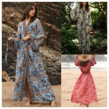 Langer Kimono Rayon Cover-Up Damen Sommerkleid Bohemian Style Urlaub Beachwear Lady Print Bikini Cover Up Sonnenschutz Strickjacke