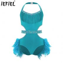 Kids Girls Latin Jazz Dance Dress Rhinestones Feather Skirted Leotard Sparkly Costume for Dance Competition Stage Performance
