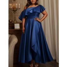 Elegantes Damen-Abendkleid in Übergröße, Satin, Rüschen, eine Schulter, Vintage, lässig, Party, Cocktail, langes Kleid, kurze Ärmel, blaues Kleid