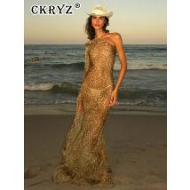 Ladies One Shoulder Leopard Print Maxi Dress Women Inclined Shoulder Backless Beach Holiday Vacation Club New Fashion Long Dress