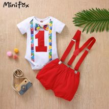 MiniFox Baby-Jungen-Geburtstagsoutfit für ein Jahr, Nummer 1 Zoll, Body und Hosenträger-Shorts mit Y-Rücken, 1 Jahr Geburtstagskuchen-Smash-Sets