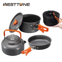 WESTTUNE Kit di pentole da campeggio Set da cucina portatile da esterno in alluminio Pentola Pan Bollitore per stoviglie da campeggio Escursionismo Picnic 3 pezzi