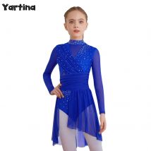 Vestido de baile lírico para niñas, gimnasia, patinaje artístico, Ballet, vestido de malla transparente con abertura lateral, vestido fruncido con diamantes de imitación brillantes