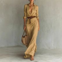 European American Women's Solid Color Turn-down Collar Long Sleeve Brested Casual Trendy Ankle Length Dresses Female Clothes