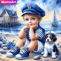 Momoart Full Diamond Painting Kid Boy Portrait Picture Of Rhinestones Mosaic Dog DIY Embroidery Seasdie Home Decor