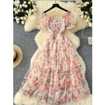Sommer Vintage Französisch Mesh Kleid für Frauen Neue Taille Cinched Slash Neck Blase Ärmeln Süße Floral Chiffon Kleid Weibliche C146