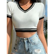 HELIAR Frauen Y2K Abgeschnitten T-Shirts Gestrickte V-ausschnitt Patchwork Kurzarm T-shirt Weibliche Solide Tops Für Frauen 2025, Sommer