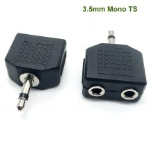 2 Stück 3,5 mm 1/8 Zoll Stecker auf Dual 3,5 mm Buchse Mono TS Audio Mikrofon Kopfhörer Y Splitter Konverter Adapter Stecker Schwarz