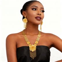 Nigerianisches Schmuckset, vergoldete Halskette und Ohrringe mit kräftigen Designs für Frauen zum Tragen für Hochzeitsgeschenke