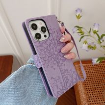 Modische, geprägte, einfarbige Flip-Leder-Buchhülle für iPhone 16 Pro Max 16 Plus, Schutzhülle, Kartenfächer, Holster mit Riemen