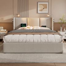 KOMHTOM Letto imbottito doppio con contenitore, lampada da lettura e funzione di ricarica USB, materiale in lino