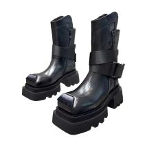 Dicke Sohlen für Damen und Herren, 2025, Herbst, neuer britischer Stil, Gürtelschnalle, dünne Western-Cowboy-High-Heels-Plateaustiefel