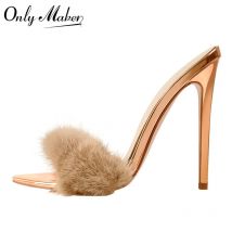 Onlymaker Frauen Peep Toe Maultiere Künstliche Pelz Slip Auf Gold Weiß Dünne Hohe Sandalen Große