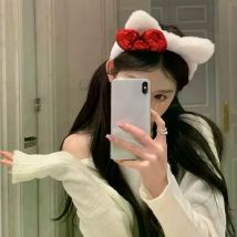 Super Cute Niche Hair Band Casual Cat Ear Plush Headband Used For Washing Face Sequin Bow Headband Women's Photo Hair Accessory