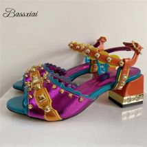 Luxury Rivet T-Strap Sandals Women Jeweled Crystal Square Heel Genuine Leather Mixed Color Party Shoes Summer