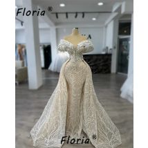 Luxus Nude Dubai Hochzeit Kleid mit Abnehmbarer Schleppe Perlen Perle Meerjungfrau Braut Party Kleider Angepasst Afrikanische Frau Vestidos