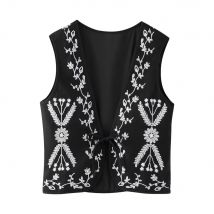 2025 ethnische V-Ausschnitt Totem Blume Stickerei Weste Frauen vorne Krawatte Schleife BOHO ärmellose gesteppte Weste Jacke Urlaub lose Tops