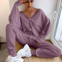 2-teiliges Pullover-Anzug-Set für Herbst und Winter, Damen-Pullover-Anzüge, Strickjacken mit einzelnen Knöpfen + lange Hosen mit elastischer Taille