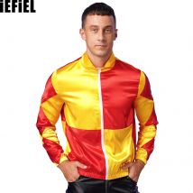 Mens Jocket Horse Satin Jackets Front Zipper Contrast Checkerboard Outerwear Horse Trainer Jocket Halloween Costumes