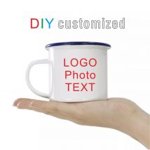 Personalisierte Emaille-Kaffeetasse, DIY-LOGO-Fotortext, Tasse mit blauem Rand, Schwarz, Silberfarbe zur Auswahl, 350 ml