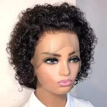Pixie-Schnitt-Perücke, 13 x 1 Spitze-Frontal, kurze, verworrene, lockige Bob-Perücken, brasilianische Wasserwelle, transparente Spitzenfront, kurze Echthaar-Perücken