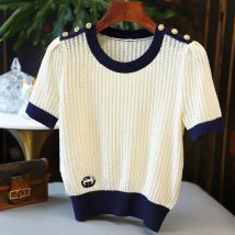 Eisse ide Kurzarm T-Shirt für Frauen Sommer neue schicke Kontrast aushöhlen Strick hemd Damen lose Temperament Tops