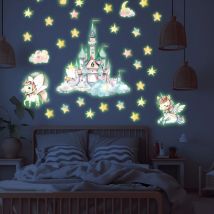 Leuchtende Wandaufkleber mit magischem Schloss-Thema für Kinderzimmer, im Dunkeln leuchtende Einhorn-Regenbogen-Sterne, glänzende Aufkleber für das Schlafzimmer des Mädchens