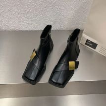 Schwarze Leder-Stiefeletten für Damen, elegant, mit niedrigen Absätzen, kurze Damenschuhe, Frühling und Herbst, quadratische Zehen-Booties, heißer Verkauf, Schuhe