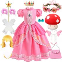 Peach Princess Costume with LED Color Light Toddler Birthday Game Role Play Dress Girl Halloween Festival Gown Pink Lace 2-9 Y C
